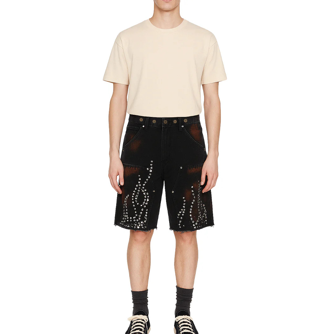 Flame Studded Denim Shorts