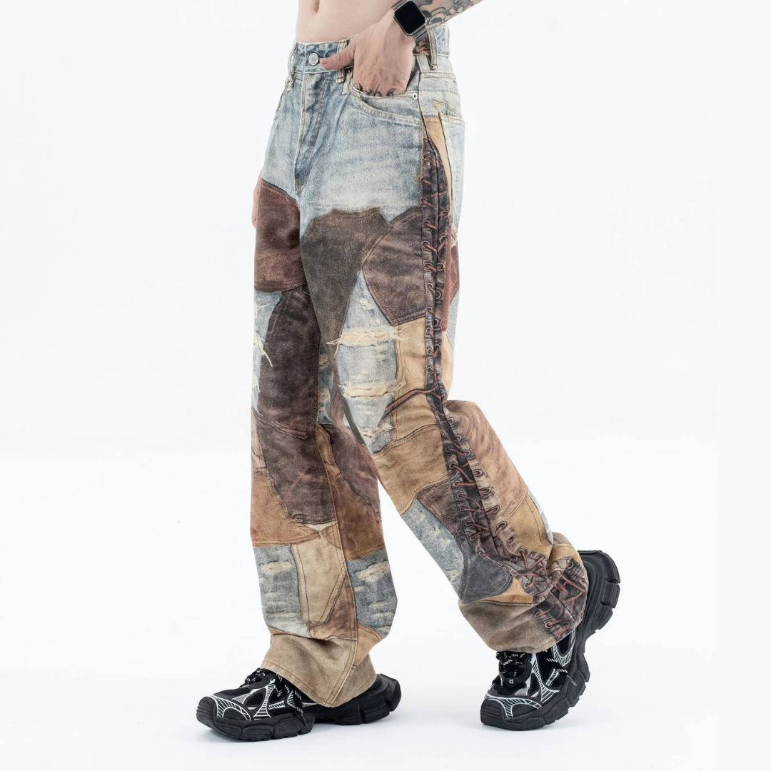 High Street Distressed Washed Printed Jeans - 2246