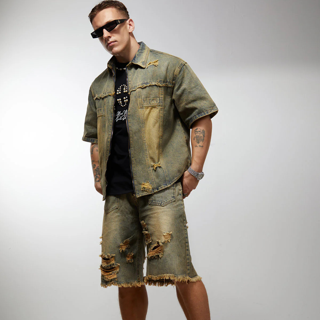 Distressed Ripped Denim Suit