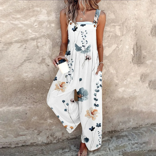 Indira™ - Sleeveless jumpsuit with plant print for a fresh and elegant summer look