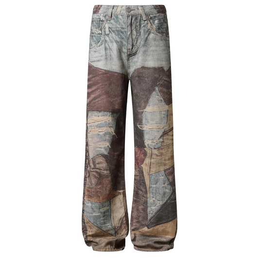 High Street Distressed Washed Printed Jeans - 2246